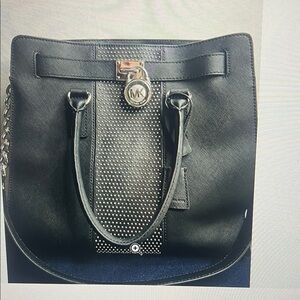 Michael Kors Black Studded Saffiano Tote with Gold Lock